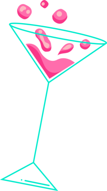 Cyan-outline martini bardağının pembe sıvı sıçrattığını gösteren düz çizimler, şeffaf arkaplan. Minimalist, modern, geometrik, içecek, tasarım, estetik, renkli