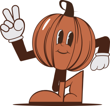 Çizgi filmlerdeki antropomorfik balkabağı karakteri şeffaf arkaplanda beyaz eldivenli barış işareti yapıyor. Tuhaf, sonbahar, neşeli, enerjik, karakter, maskot, illüstrasyon