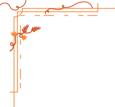 Süslü turuncu köşeli çizgiler, kurdele girdabı, botanik küme şeffaf arka plan. Süs, süsleme, gösteriş, sınır, motif, tasarım, dekoratif