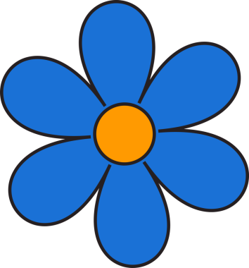 Mavi yapraklı ve turuncu merkezli şeffaf arkaplanda yüzen altı yapraklı bir çiçek. Botanik, doğa, minimalizm, tasarım, dekorasyon, ikon, illüstrasyon