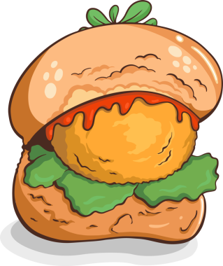 Düz dizaynlı sandviç şeffaf arkaplanda gevrek köfte, marul, damlayan sos ile birlikte yüzüyor. Yemek, fast food, çizgi film, canlı, pazarlama, illüstrasyon, atıştırmalık