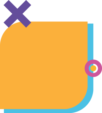 Düz turuncu yuvarlak dikdörtgen, mavi kenar, mor X ve pembe halka şeffaf bg. Geometrik, minimalist, modern, dijital sanat, soyut, canlı, çağdaş