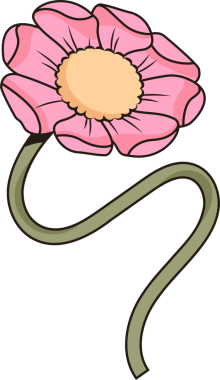 Pembe taç yapraklarını, sarmal yeşil sapı ve şeffaf arka planda sarı merkezi gösteren çizgi film çiçekleri. İllüzyon, botanik, doğa, oyuncu, kaprisli, minimalizm, grafik tasarım