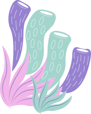 Düz pastel mercan tasarımı, yeşil tüpler ve pembe yaprakları gösteren şeffaf bir zemin üzerinde yüzüyor. Soyut, botanik, organik, minimalist, su, dekoratif, çağdaş