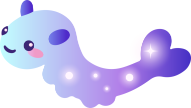 Sluglike yaratık şeffaf arka planda yumuşak pastel gradyan ve yıldızlı küreler içinde parlıyor. Fantezi, çizgi film, kaprisli, canlı, büyülü, tapılası, dekoratif