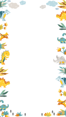 Karikatür dinozorlar, yapraklar ve bulutlar saydam arkaplan üzerinde düz bir sınır oluşturuyorlar, kopyalama uzayı. Tuhaf, neşeli, enerjik, doğa, fantezi, illüstrasyon, dekorasyon