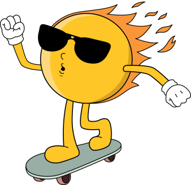 Stilize güneş, düz dizaynlı, siyah güneş gözlüklü, şeffaf arkaplanlı bir kaykayla kayıyor. Canlı, karikatür, enerjik, genç, oyuncu, dinamik, minimalist