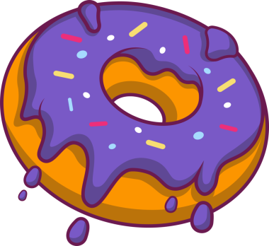 Çizgi film tarzı donut, açık arkaplanda çok renkli serpiştirilmiş mor krema damlatıyor. Tatlı, pasta, yemek sunumu, tatlı, canlı, oyuncu, gurme.