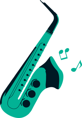 Düz vektör saksafon, yeşil ve yeşil renkli, şeffaf arkaplanlı köşegen şeklinde yüzüyor. Müzik aleti, grafik tasarımı, modern illüstrasyon, caz, müzik endüstrisi, dijital sanat, minimalist