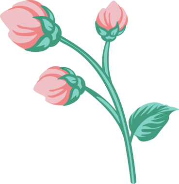 Düz tasarım şubesi temiz bg üzerinde üç pembe tomurcuk ve yeşil yaprak taşıyor, kopyalama uzayı. Botanik, doğa, minimalizm, zarafet, büyüme, sürdürülebilirlik, organik