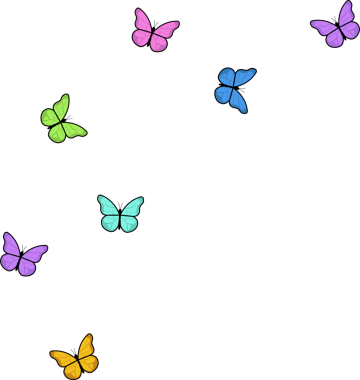 Düz vektör kelebekleri şeffaf arka planda, canlı renklerde ve kalın çizgilerde yüzerler. Renkli, kaprisli, doğa, illüstrasyon, grafik, canlı, oyuncu