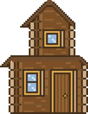 Pixel sanat kabini odunlu duvarlar, açık çatı, kapı, kepenkli pencereler, şeffaf arka plan gösteriyor. Kaba, rahat, el yapımı, klasik, minyatür, mimari, doğa