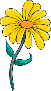 Sarı yapraklar, turuncu disk, çizgili gövde, şeffaf arka planda yapraklar içeren çizgi film çiçekleri. Botanik, illüstrasyon, kaprisli, canlı, doğa, bahçe, dekoratif