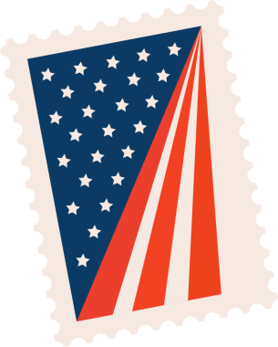 Düz dizayn gösterimi, yıldızları ve şeritleri gösteren delinmiş pul, şeffaf arka plan. Klasik, vatansever, minimalist, illüstrasyon, grafik, amblem, sembolik