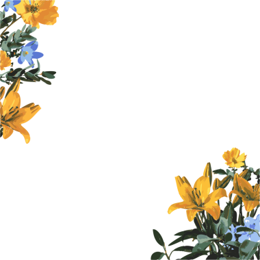 Düz şekilli köşeler sarı zambaklar ve mavi çiçekleri gösteriyor, şeffaf yapraklar, kopyalama alanı. Çiçek aranjmanı, botanik, dekoratif, vektör sanatı, doğadan esinlenilmiş, zarif, romantik