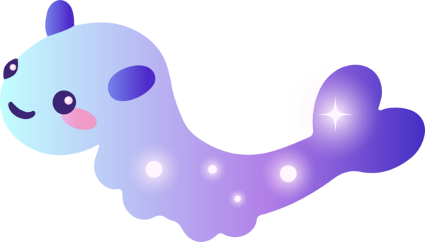 Sluglike yaratık şeffaf arka planda yumuşak pastel gradyan ve yıldızlı küreler içinde parlıyor. Fantezi, çizgi film, kaprisli, canlı, büyülü, tapılası, dekoratif