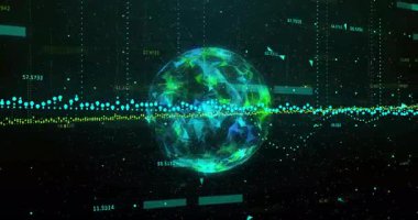 Veri alanında parlayan sönen küre dalgalanan noktalar ikiye ayrılır ve akıntılar döngüye girer. Fütürist, dijital, soyut, enerjik, teknolojik, hareketli, görselleştirme