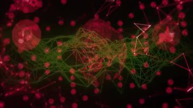 Sol yüzen ikon kürelerinden çıkan yeşil kablo ağ dalgası veri akışını göstermek için titreşiyor. Fütürist, dijital, bağlantı, teknoloji, siber, soyut, hareket