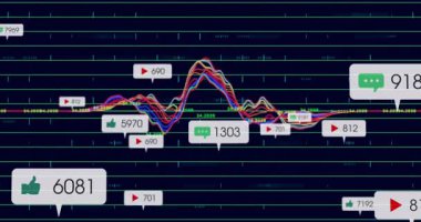 Veri sıçramalarından yükselen dalga biçimi çizgileri ve üreme ölçeği baloncukları sosyal bağlantıyı görselleştiriyor. Analizler, görselleştirme, dijital, gösterge paneli, veri, ölçüler, arayüz