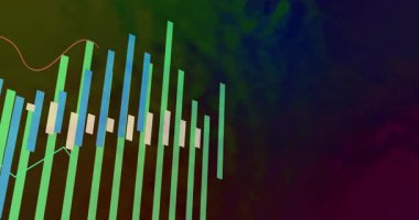 Çubuklar soldan yükseliyor yukarıdan salınıyor ve veri eğilimlerini temsil ediyor. Soyut, dinamik, modern, teknoloji, görselleştirme, canlı, hareket