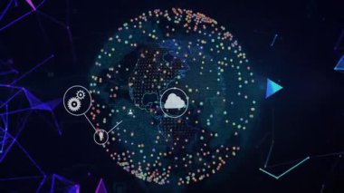 Bulut simgesini gösteren ve çoklu simgeleri birleştiren 3 boyutlu veri küresi dönüyor. Teknoloji, bağlantı, dijital, siber alan, ağ, yenilik, veri görselleştirme