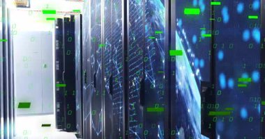 Yeşil çift haneli rakamlar sunucuları tetikler, veri bloklarını taşırır, büyük veri akışını görselleştirir. Siber güvenlik, dijital, teknoloji, fütürizm, altyapı, yüksek teknoloji, soyut