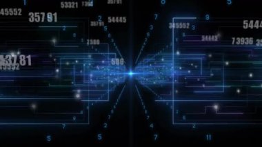 Parlak mavi nokta beliriyor ve ortaya çıkan neon mavi çizgiler veri akışını gösteren rakamlarla büyüyor. Teknoloji, dijital, fütüristik, soyut, siber, ağ, yenilik