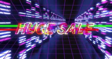Işık çubukları beliriyor, büyük satışa kayan neon harfler, satışı destekleyen kamera planlama tüneli. Fütürist, sürükleyici, dijital, canlı, hareketli grafikler, siber punk, reklamcılık