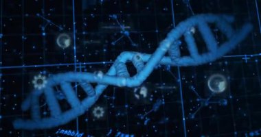 Başlangıçta dijital DNA sarmalları döner, veri simgeleri yörüngede döner, kod kaydırma ve düğümleri birbirine bağlar. Teknoloji, yenilik, siber uzay, bilimsel, biyoteknoloji, gelecek, bağlantı