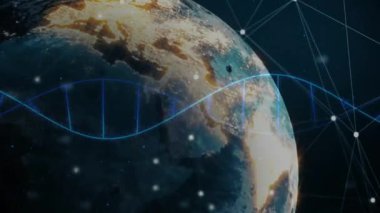 Dünya 'nın dönüşümünün ardından DNA sarmalları tüm dünyayı süpürerek genetik ağı görselleştiriyor. Gezegen, teknoloji, gelecek, dijital, bağlantı, yenilik, bilim