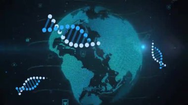 Haritadan uzaklaşmak dönen dünyayı ortaya çıkarırken DNA sarmalları yörüngede ve dijital simgeler ortaya çıkıyor. Futuristik, küresel, dijital, biyoteknoloji, bilimsel, yenilik, ağ