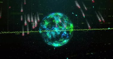 Başlangıçta küre beliriyor, veri görselleştirmesi için art arda gelen ikili akımları döndürüyor ve salıyor. Fütürist, dijital, soyut, veri, teknoloji, görselleştirme, siber