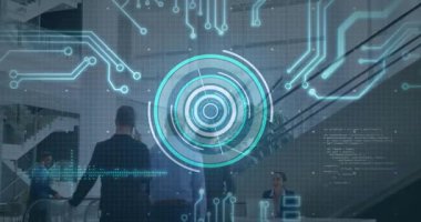 İş gezginleri telefon kaldırıyor ve resepsiyona doğru ilerliyorlar. HUD taraması başlatılıyor. Şirket, teknoloji, modern, ağ oluşturma, profesyonel, güvenlik, iletişim