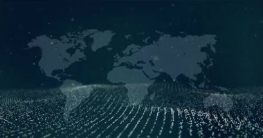 Dünya haritası silueti açılıyor, dalgalanan dalgalar yükseliyor sonra geri çekiliyor, parçacıklar sürükleniyor. Dijital atlas, veri görselleştirme, teknolojik, fütüristik, ağ, bağlantı, soyut