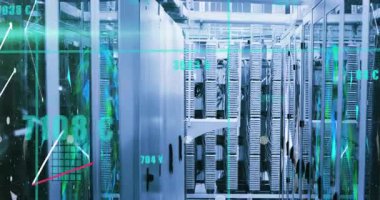 Örtüler görünürken çubuk grafikler yükselir ve teknisyenler rafları incelerken performansı gösterir. Teknoloji, veri, analitik, dijital, sanayi, yenilik, profesyonel