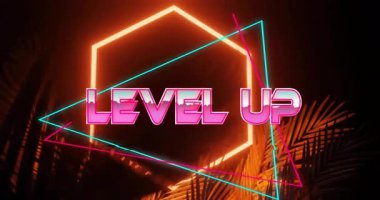 Harfler döner ve pembe LEVEL UP metnine dönüşür, titreşimli neon şekiller yükseltme sağlar. Fütürist, siber punk, enerjik, dijital, geometrik, enerjik, soyut