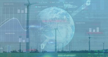 Rüzgar tarlasında, veri analiz grafikleriyle birlikte rüzgar türbinlerini kaplayan küresel hologramı gösteriyor. Yenilenebilir, sürdürülebilirlik, teknoloji, fütüristik, çevre, çevre dostu, enerji