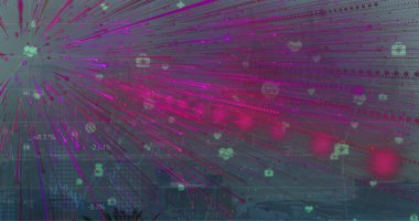 Alacakaranlık şehri üzerinde kalpler, sohbet baloncukları ve veri düğümleriyle eflatun ağ örtüsü gösteriliyor. Futuristik, dijital, soyut, kentsel, bağlantı, teknoloji, veri