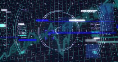 Kontrol odası ekranında dairesel rezonans ve dalga formu grafiğiyle fütüristik HUD arayüzü gösteriliyor. Gelecek, teknoloji, arayüz, dijital, siber, görselleştirme, veri