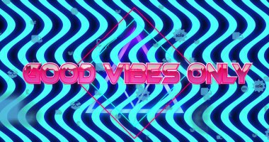 Kırmızı elmas, satış, sohbet, paket simgeleriyle Cyan dalgaları üzerinden Neon 'Good Vibes Only' metni canlandırılıyor. Fütürist, enerjik, soyut, dijital, enerjik, geometrik, canlı