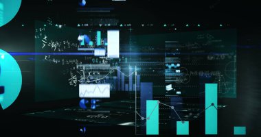 Sanal gösterge panelinde sayısal denklemlerle birlikte holografik çubuk grafikleri gösteriliyor. Fütüristik, veri görselleştirme, dijital arayüz, sürükleyici, bilimsel, analitik, neon