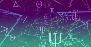 Pi Teta sembolleri ve parlayan ağ düğümleriyle dijital arayüzde Psi harfini sürükleyen Yunanca. Soyut, dijital, fütüristik, geometrik, teknolojik, ağ, görselleştirme