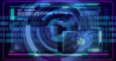 Çift haneli ve neon çerçeveli gelecekteki panel üzerinde yoğunlaştırılmış halka arayüzü kaydırılıyor. Fütürist, dijital, yenilik, teknoloji, arayüz, neon, hologram