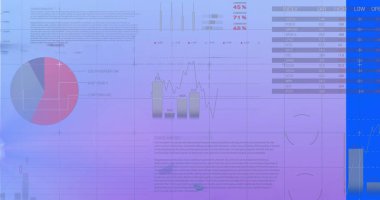 Sayısal gösterge paneli mor mavi gradyan üzerinde tablolar ve grafikleri gösteriyor, pasta grafiği çizelgesi çizelgeleri var. Analizler, bilgi grafikleri, teknoloji, yenilik, veri, görselleştirme, gösterge panelleri
