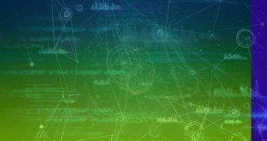 Bilgisayar arayüzünde ağ görselleştirmesi gösteriliyor, düğümler, histogramlar ve bağlantılar gösteriliyor. Futuristik, teknoloji, veri, dijital, arayüz, görselleştirme, analiz