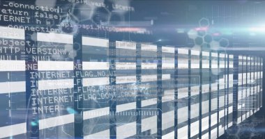 Parlak kod metinleri ve diyagramlarıyla sanal matrise uzanan veri koridoru gösteriliyor. Fütürist, siber, teknoloji, soyut, dijital, ağ, yenilik