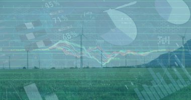 Beyaz, üç bıçaklı rüzgar türbinlerinin dijital çizelgelerle çayırlık tepeleri kapladığını gösteriyor. Yenilenebilir, enerji, sürdürülebilirlik, teknoloji, manzara, modern, çevre dostu