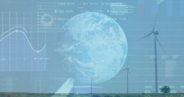 Dijital küre, grafikler ve veri örtüleriyle çimenli ovalarda dönen rüzgar türbinleri görülüyor. Yenilenebilir, sürdürülebilirlik, yenilik, çevre, görselleştirme, teknoloji, enerji