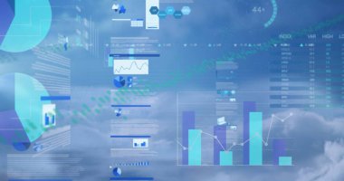 Bulutlu gökyüzünde çubuk veya çizgi grafiklerini, pasta grafiklerini, altıgen simgelerini ve sayısal indeks tablosunu gösteren görseller. Analizler, veri görselleştirme, finansal ölçümler, gösterge paneli, bilgi tasarımı, iş zekası, dijital grafikler