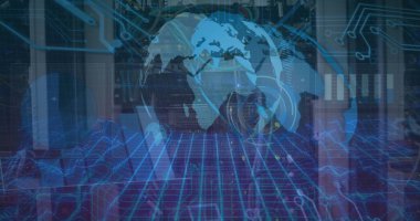 Holografik küre devre izlerini gösteriyor, veri merkezinde kablo şebekesi, bar grafikleriyle örtüşüyor. Teknoloji, siber güvenlik, yenilik, dijital, veri analizi, fütüristik, bağlantı